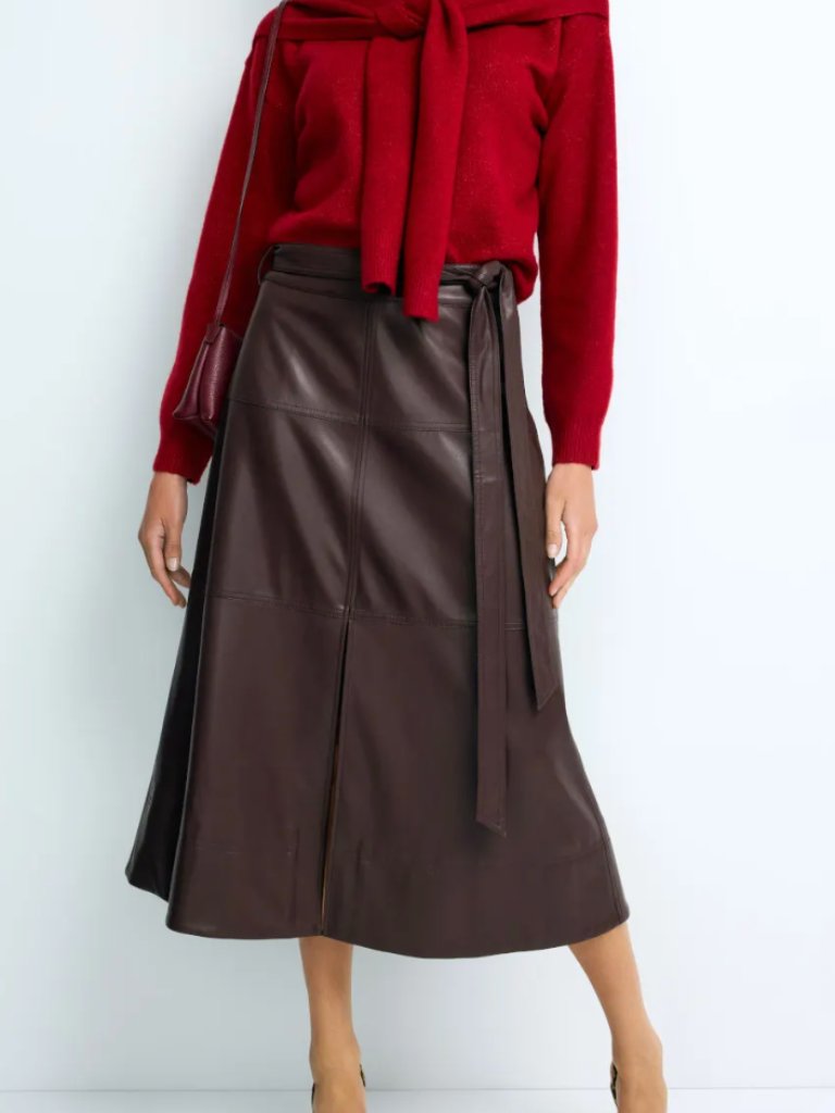 Tanya Taylor Hudley Skirt Chocolate Brown Faux Leather Wrap Midi Skirt Slit